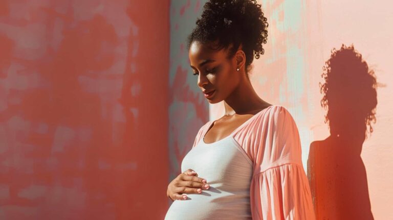 Young pregnant woman looking at her stomach