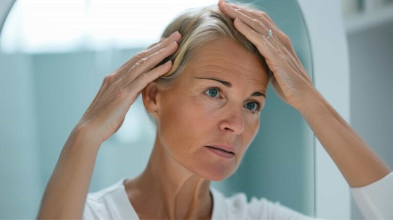 Older woman, looking at her hair in the mirror