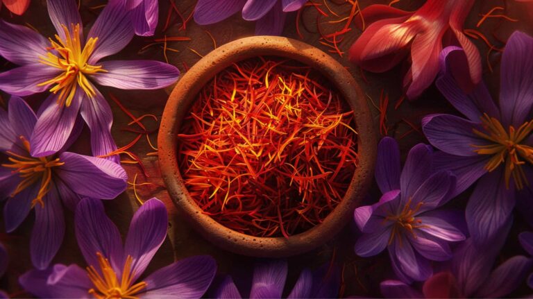 Bowl of saffron, surrounded by purple flowers