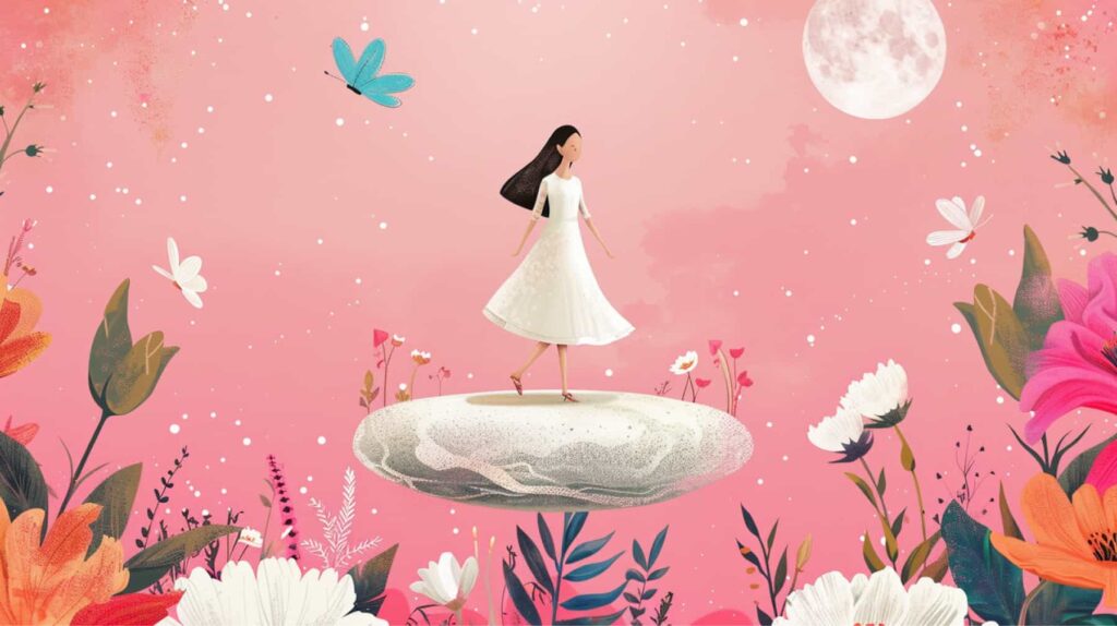 Cartoon woman standing on a floating rock, pink background with flowers