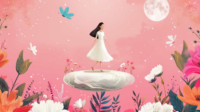 Cartoon woman standing on a floating rock, pink background with flowers