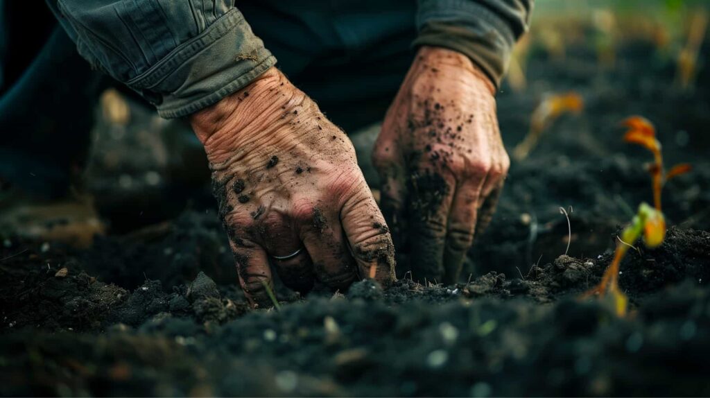 Older man's hands, close-up, farming in the dirt