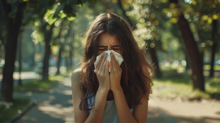 Woman sneezing into a tissue